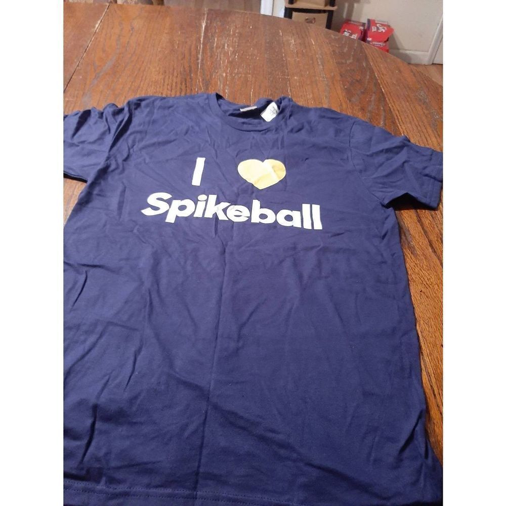 New Medium Short Sleeve I Love Spikeball Tee T-Shirt Top Blue Yellow White NWT